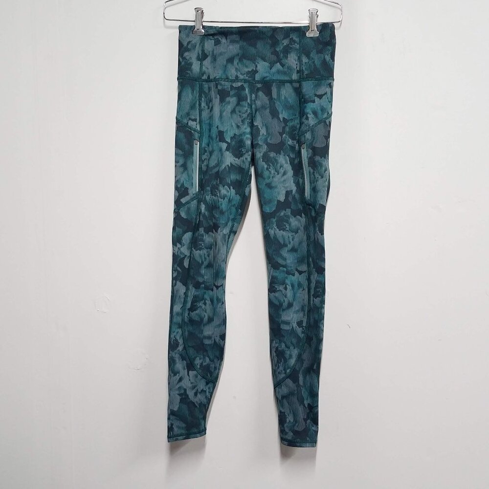 Athleta Rainier Printed Tights Womens Extra Small XS Floral Blue Green Pockets
